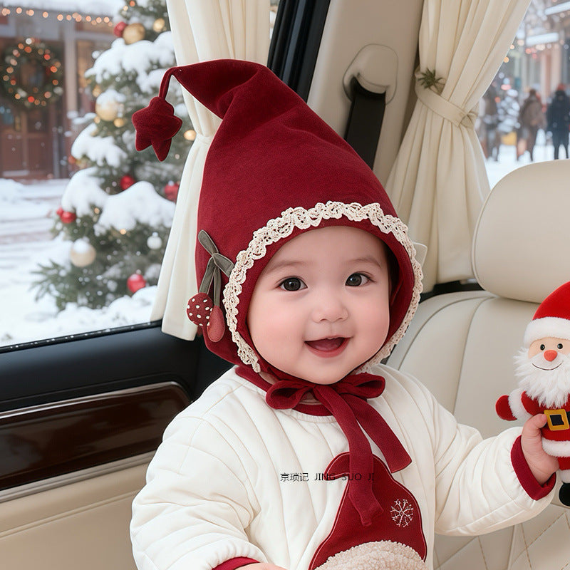 Cute Baby Elf Hat with Cherry Pom and Lace Trim (8 months - 4 years old, 47-52cm head circumference) | Adorable Head Warmer for Baby Girls