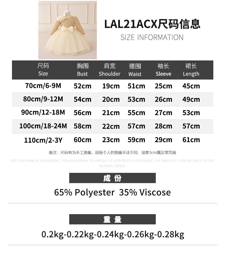 Royal Gold Long-Sleeve Baby Girl Sequin Dress (6-18 months) | Sparkling Gold Showstopper Princess Gown