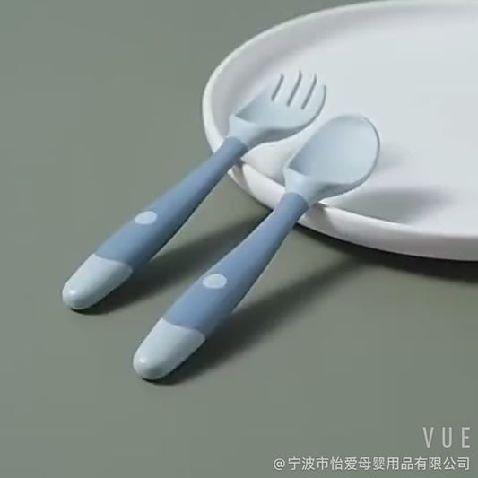 360° Flexible Baby Training Spoon and Fork Set (6 months – 3 years) | Soft Silicone Toddler Weaning Cutlery Set