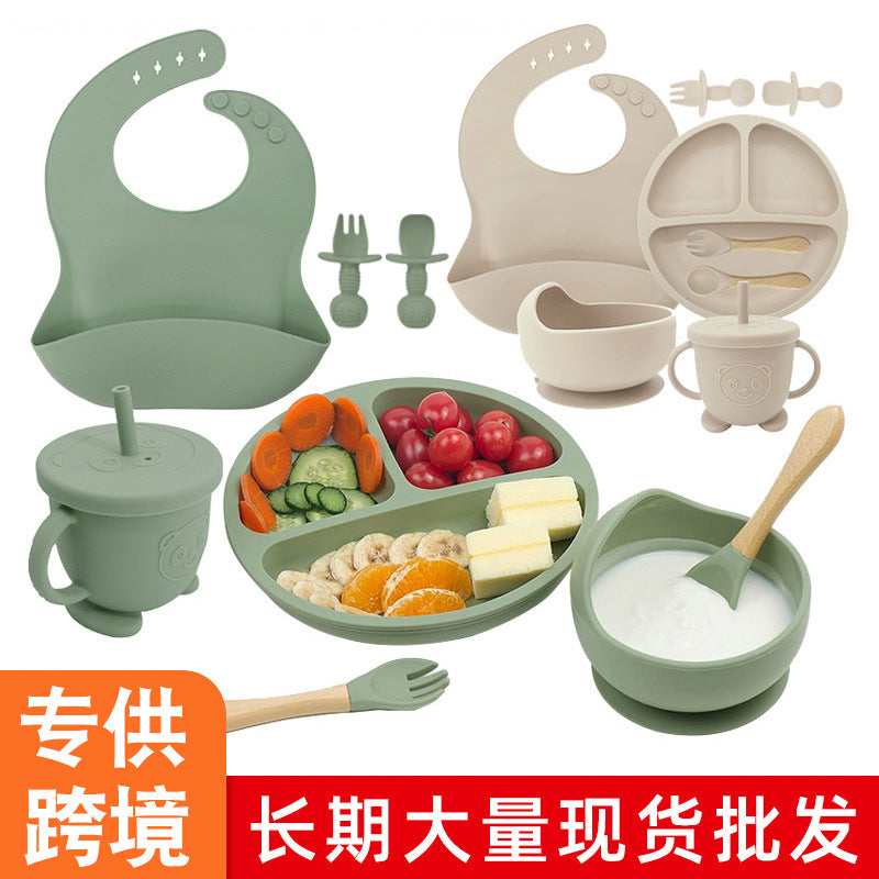 8-Piece Silicone Baby Weaning and Feeding Set with Bib, Plate, Bowl, Sippy Cup, Training Spoons, and Training Forks | Complete Baby Self-Feeding Essentials Set