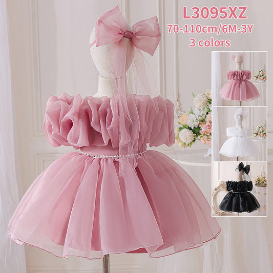 Elegant Baby Princess Dress with Ruffled Sleeves, Bow, and Pearl Waist Trim (6-18 months) | Special Occasion Ball Gown for Baby Girls