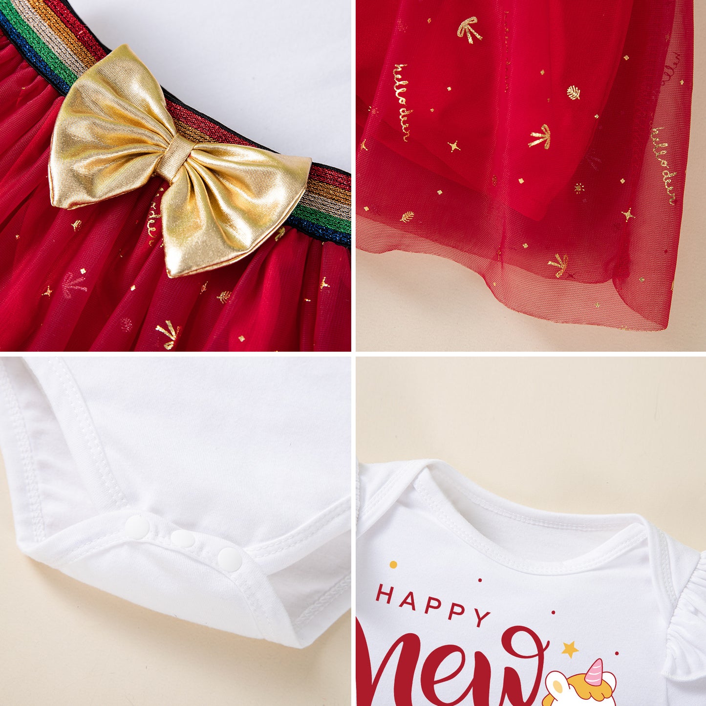 2-Piece "Happy New Year" Outfit Set for Baby Girls with Long-Sleeve Romper Dress and Headband