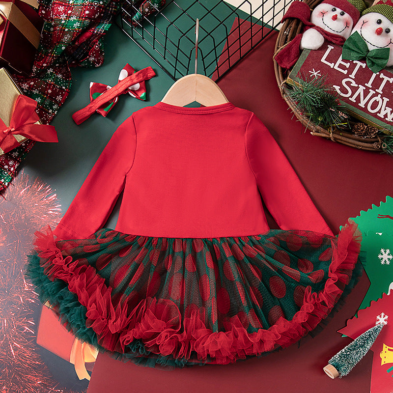 2-Piece "My 1st Christmas" Outfit Set for Girls with Long-Sleeve Romper Dress and Headband