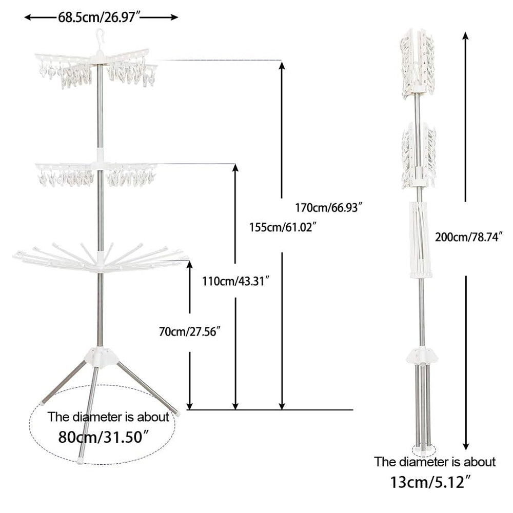 3-Tier Space-Saving Rotating Laundry Dryer Stand with 24 Pegs (170cm high, 10 rotating arms) | Foldable Stainless-Steel Rack for Drying Clothes