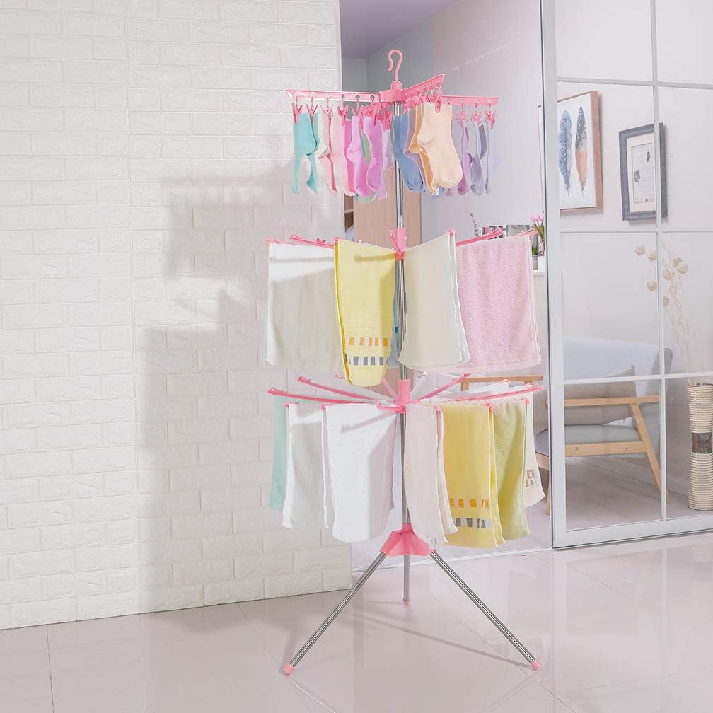 3-Tier Space-Saving Rotating Laundry Dryer Stand with 24 Pegs (170cm high, 10 rotating arms) | Foldable Stainless-Steel Rack for Drying Clothes