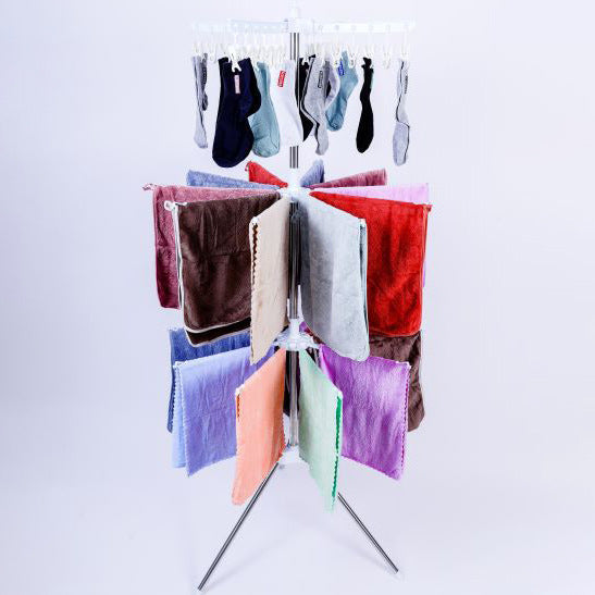 3-Tier Space-Saving Rotating Laundry Dryer Stand with 24 Pegs (170cm high, 10 rotating arms) | Foldable Stainless-Steel Rack for Drying Clothes