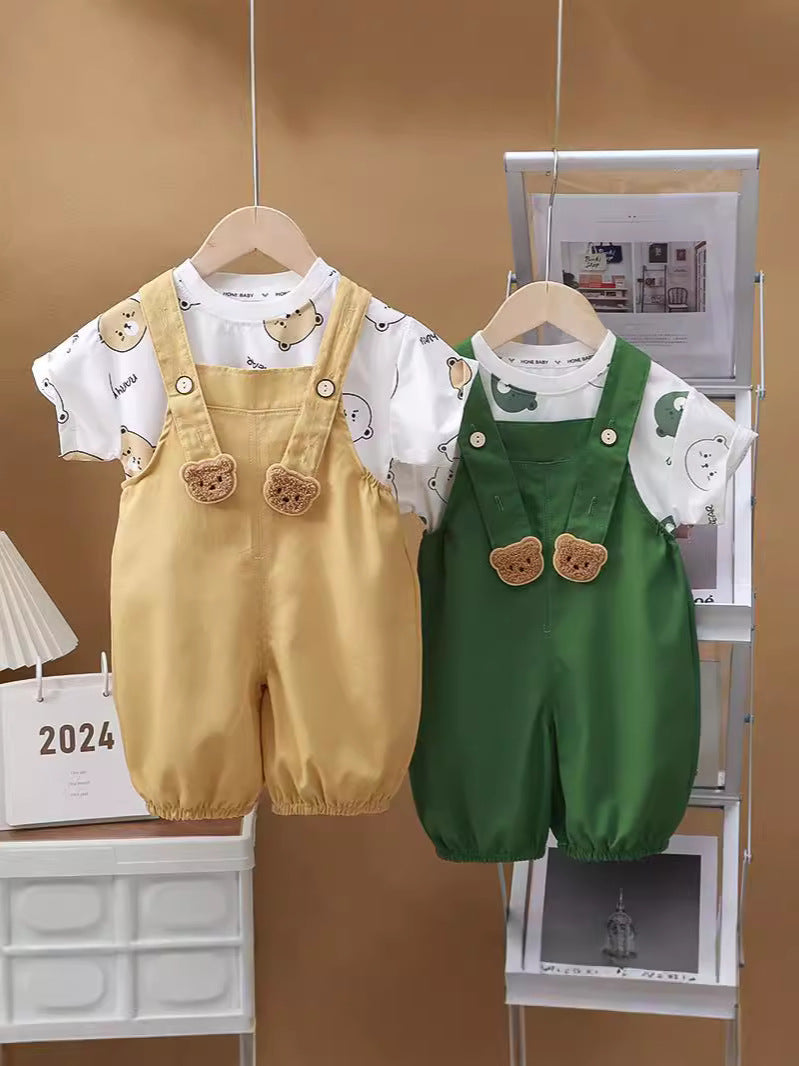 Adorable Overall Set with Short-Sleeved T-Shirt and Suspender Shorts (with Open Crotch) | Cute Teddy Bear Dungaree Set for Babies