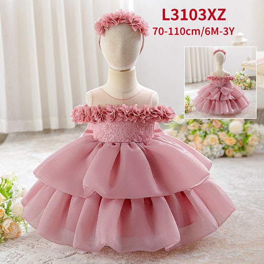Cute Princess Dress with Floral Shoulders, Layered Chiffon Skirt and Matching Flower Headband (6-12 months) | Adorable Flower Girl Ball Gown