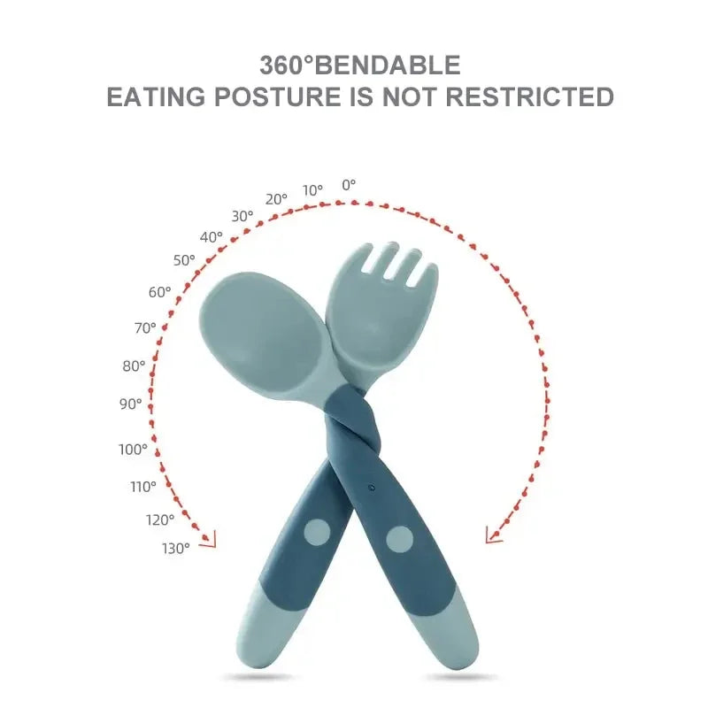 360° Flexible Baby Training Spoon and Fork Set (6 months – 3 years) | Soft Silicone Toddler Weaning Cutlery Set