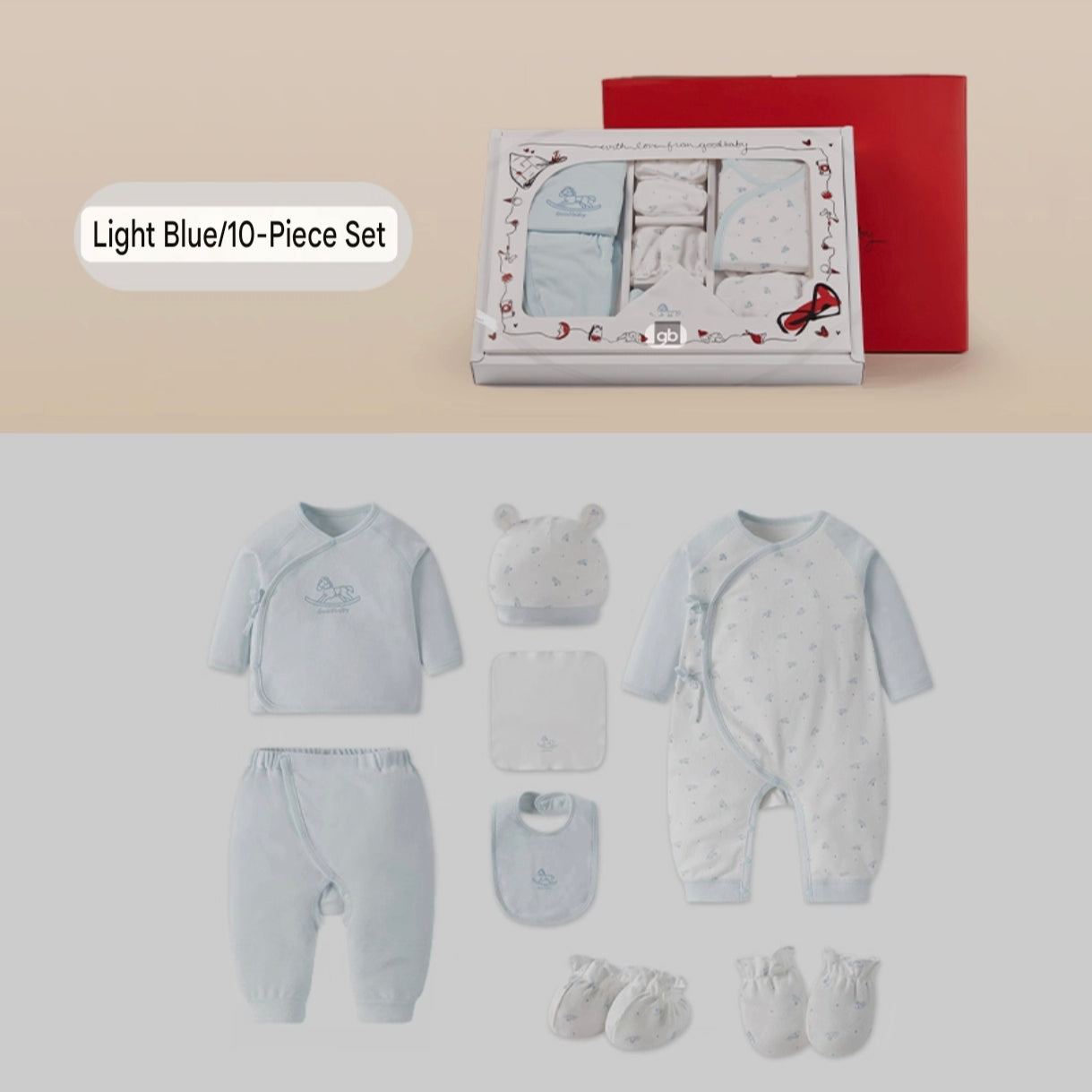 GOODBABY 10-Piece Clothing and Gift Set for Newborn Babies with Jacket, Pants, Jumpsuit, Hand Gloves, Foodmuffs, Bib, Face Towel, and Hats (0-3 months)