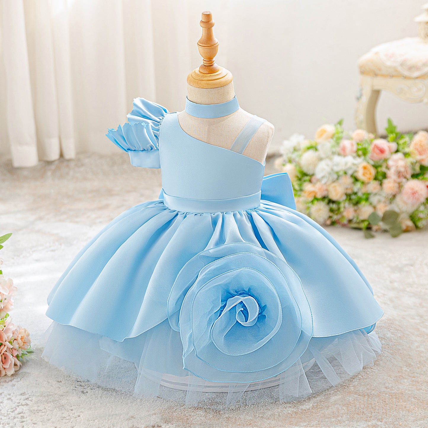 Elegant One-Shoulder Baby Dress with Puffed Off-Shoulder Sleeve and Choker Collar (6-12 months) | Royal Blue Princess Ball Gown