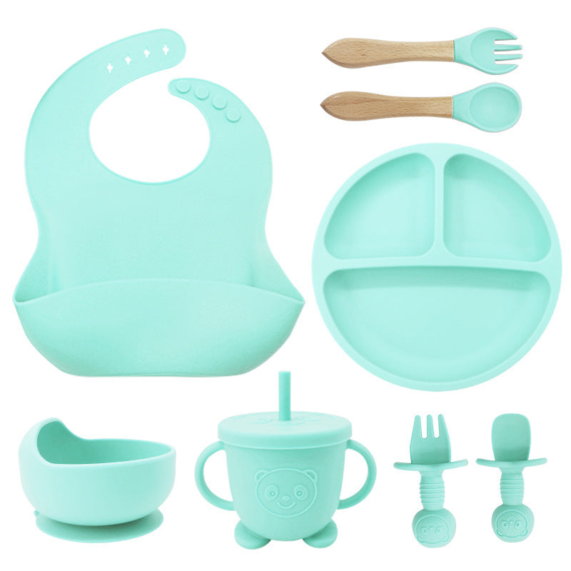 8-Piece Silicone Baby Weaning and Feeding Set with Bib, Plate, Bowl, Sippy Cup, Training Spoons, and Training Forks | Complete Baby Self-Feeding Essentials Set