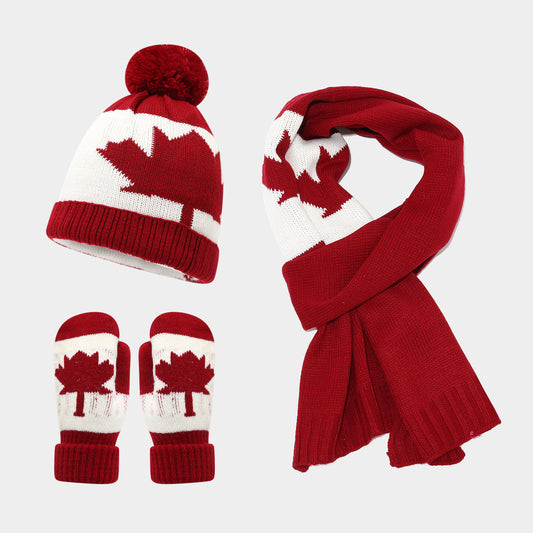 3-Piece Canadian Maple Leaf-Designed Set with Beanie, Scarf and Mittens | Harmattan Set with Hat, Neck Warmer and Gloves