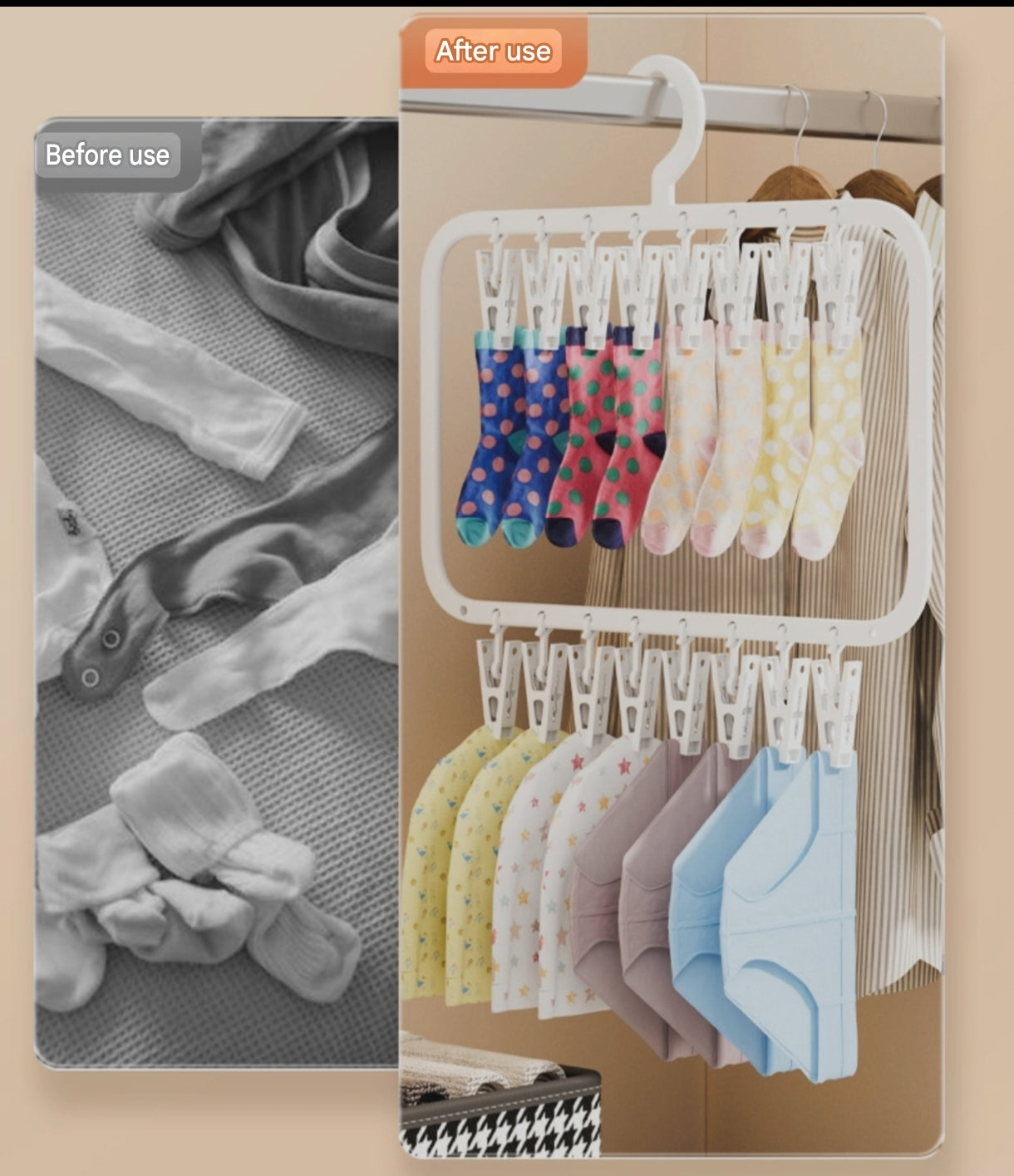 Rectangular Multi-Tier Clothes Drying Hanger with Clips (18 and 26 Clips) | Space-Saving Underwear and Socks Organizer