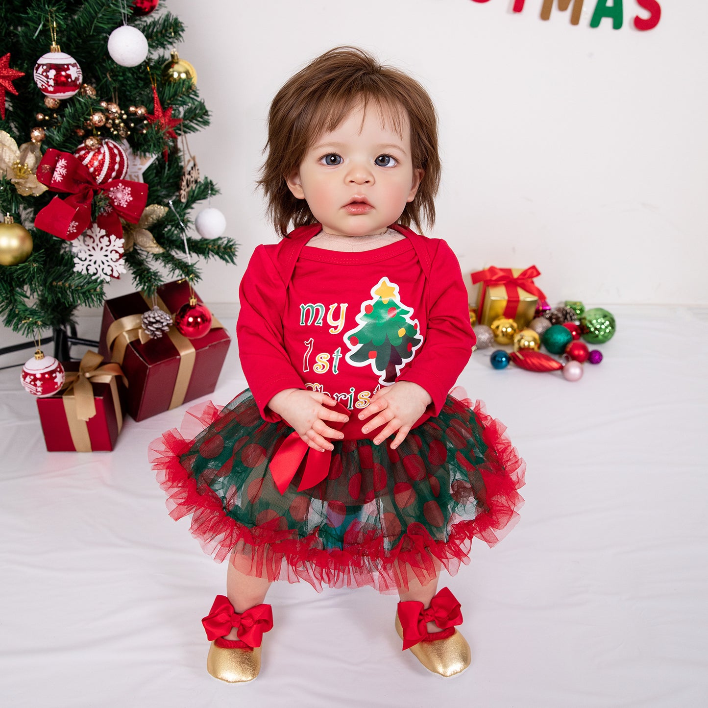 2-Piece "My 1st Christmas" Outfit Set for Girls with Long-Sleeve Romper Dress and Headband