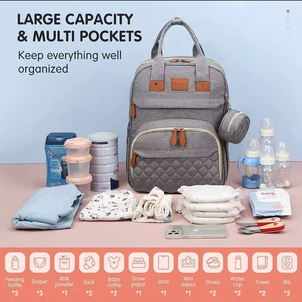Multifunctional Diaper Bag with Foldable Bed, Changing Mat, Bottle Pockets and USB Charging Port