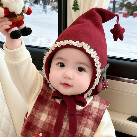 Cute Baby Elf Hat with Cherry Pom and Lace Trim (8 months - 4 years old, 47-52cm head circumference) | Adorable Head Warmer for Baby Girls
