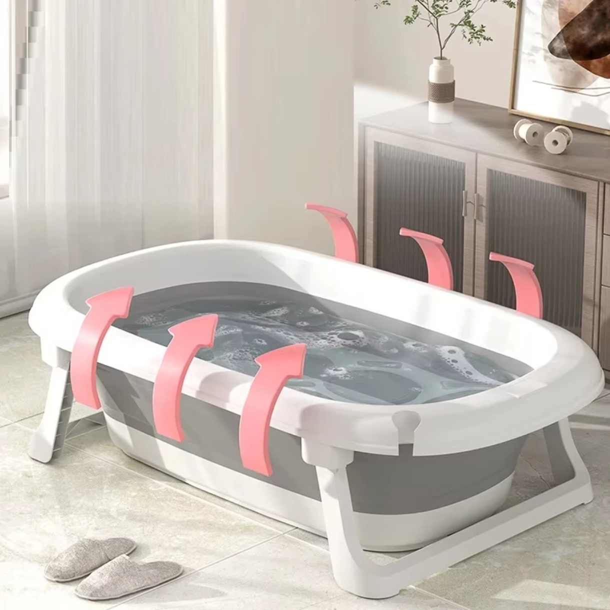 TENBABE 4-in-1 Baby Foldable Bathing Set with Bathtub, Bath Rack, Bucket, and Water Ladle.