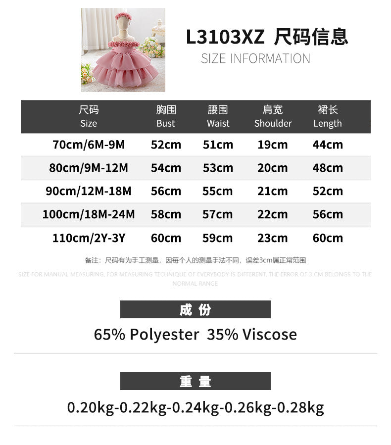 Cute Princess Dress with Floral Shoulders, Layered Chiffon Skirt and Matching Flower Headband (6-12 months) | Adorable Flower Girl Ball Gown