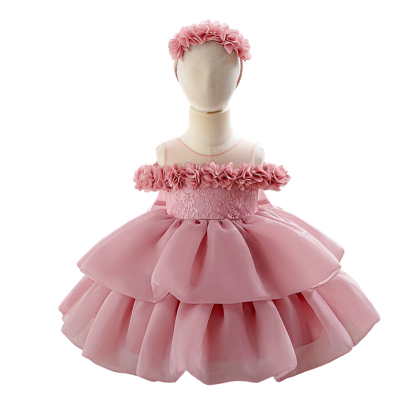Cute Princess Dress with Floral Shoulders, Layered Chiffon Skirt and Matching Flower Headband (6-12 months) | Adorable Flower Girl Ball Gown