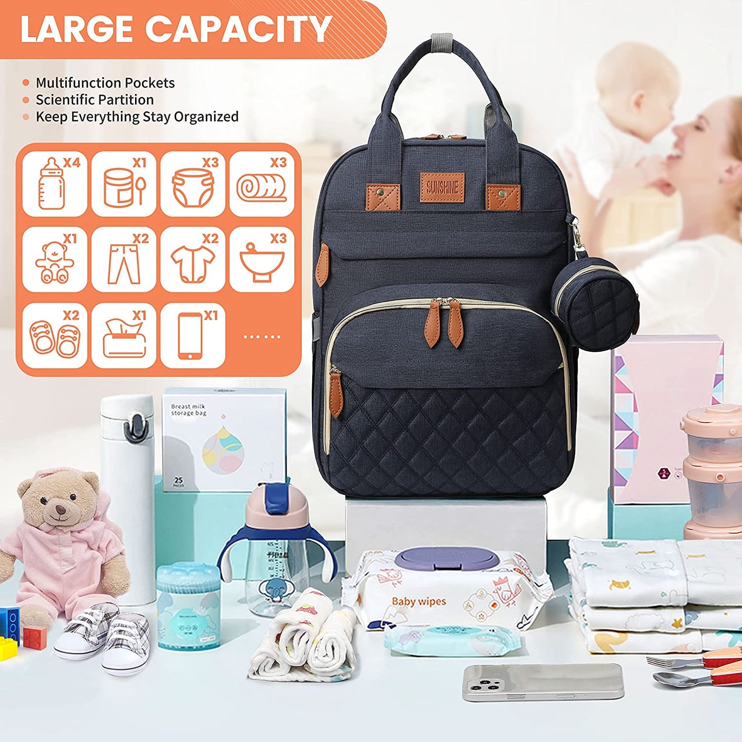 Multifunctional Diaper Bag with Foldable Bed, Changing Mat, Bottle Pockets and USB Charging Port