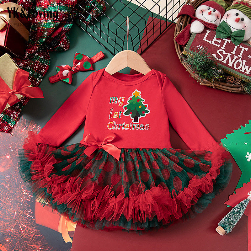 2-Piece "My 1st Christmas" Outfit Set for Girls with Long-Sleeve Romper Dress and Headband
