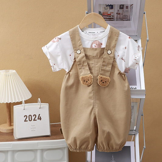 Adorable Overall Set with Short-Sleeved T-Shirt and Suspender Shorts (with Open Crotch) | Cute Teddy Bear Dungaree Set for Babies