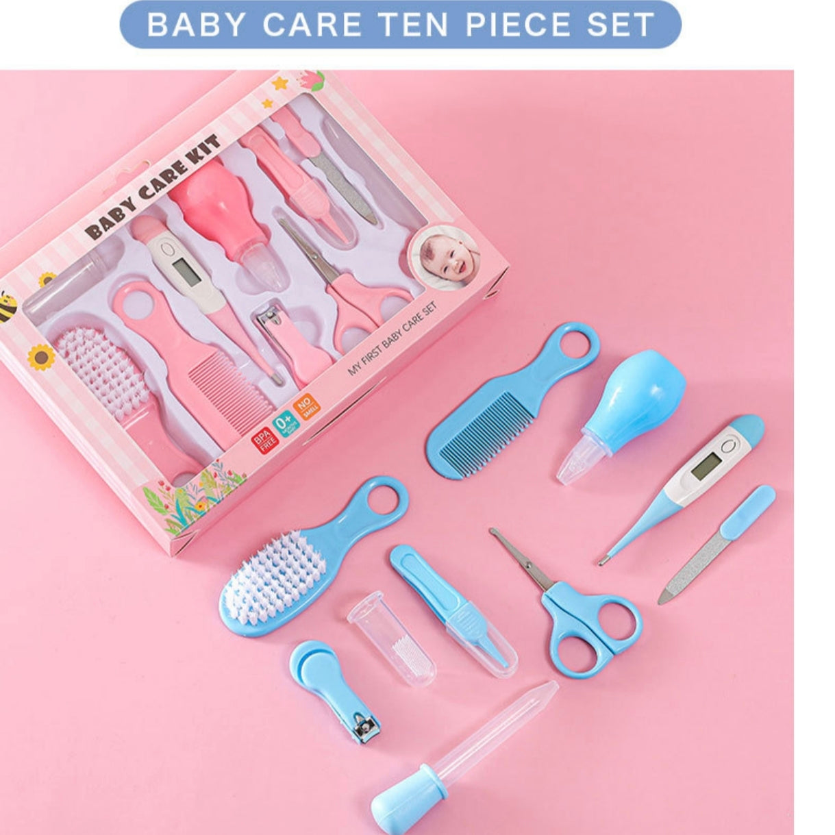 10-Piece Baby Care and Grooming Kit with Hair Brush, Comb, Nasal Aspirator, Digital Thermometer, Nail Scissors, Nail Clipper, Medicine Dropper, Nail File, Nose Tweezer, and Nail Clipper Cover
