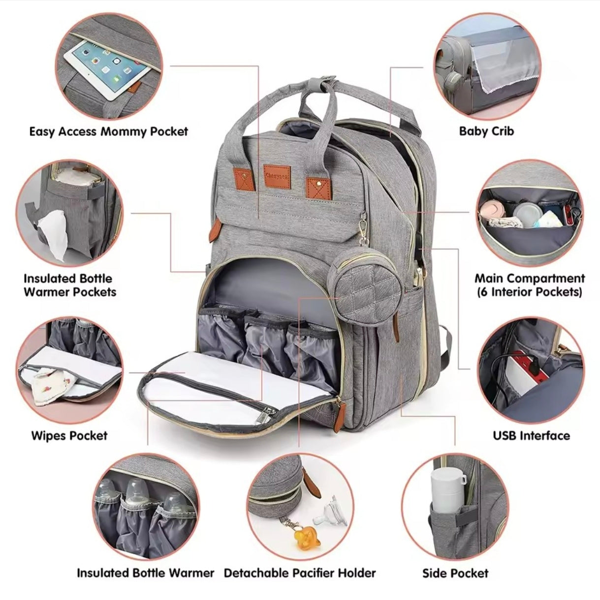 Multifunctional Diaper Bag with Foldable Bed, Changing Mat, Bottle Pockets and USB Charging Port