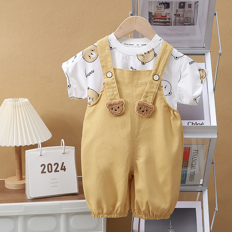 Adorable Overall Set with Short-Sleeved T-Shirt and Suspender Shorts (with Open Crotch) | Cute Teddy Bear Dungaree Set for Babies