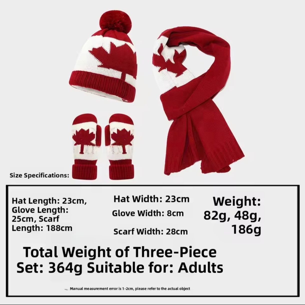 3-Piece Canadian Maple Leaf-Designed Set with Beanie, Scarf and Mittens | Harmattan Set with Hat, Neck Warmer and Gloves