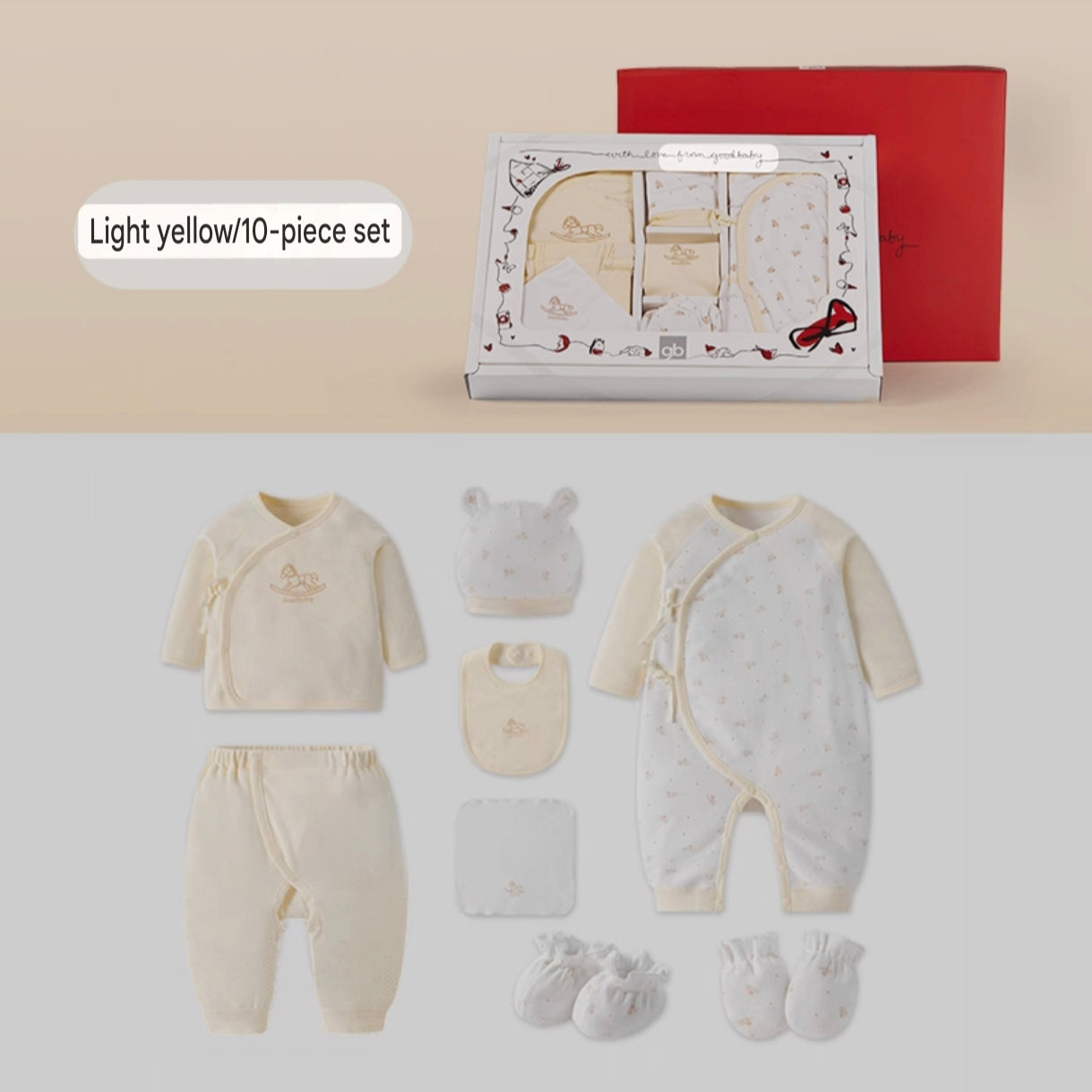 GOODBABY 10-Piece Clothing and Gift Set for Newborn Babies with Jacket, Pants, Jumpsuit, Hand Gloves, Foodmuffs, Bib, Face Towel, and Hats (0-3 months)