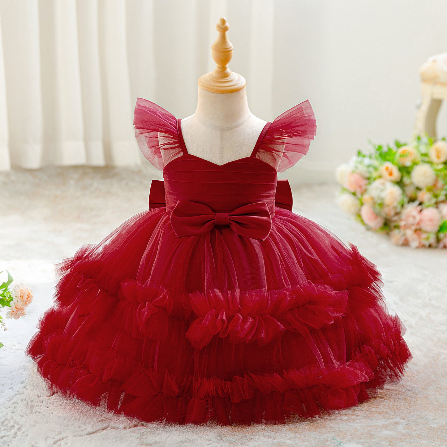 Elegant Tulle Baby Girl Dress with Puffed Ruffle Sleeves and Multi-Layered Fluffy Skirt (6-12 months)