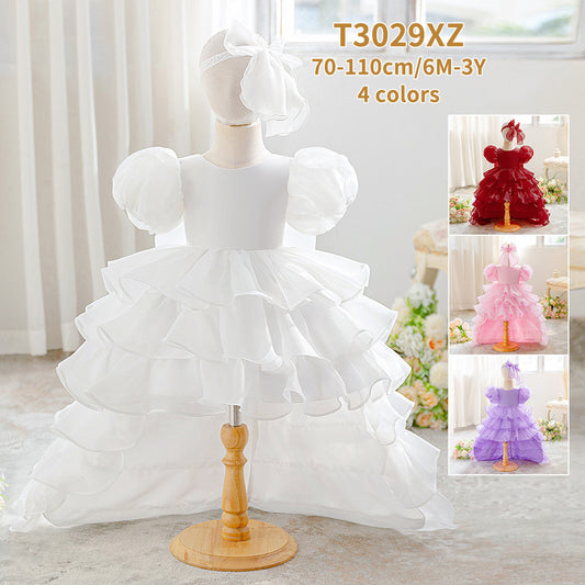 Luxury Puff-Sleeve Princess Dress with Matching Headband (6-12 months) | Elegant Layered Occasion Gown for Baby Girls