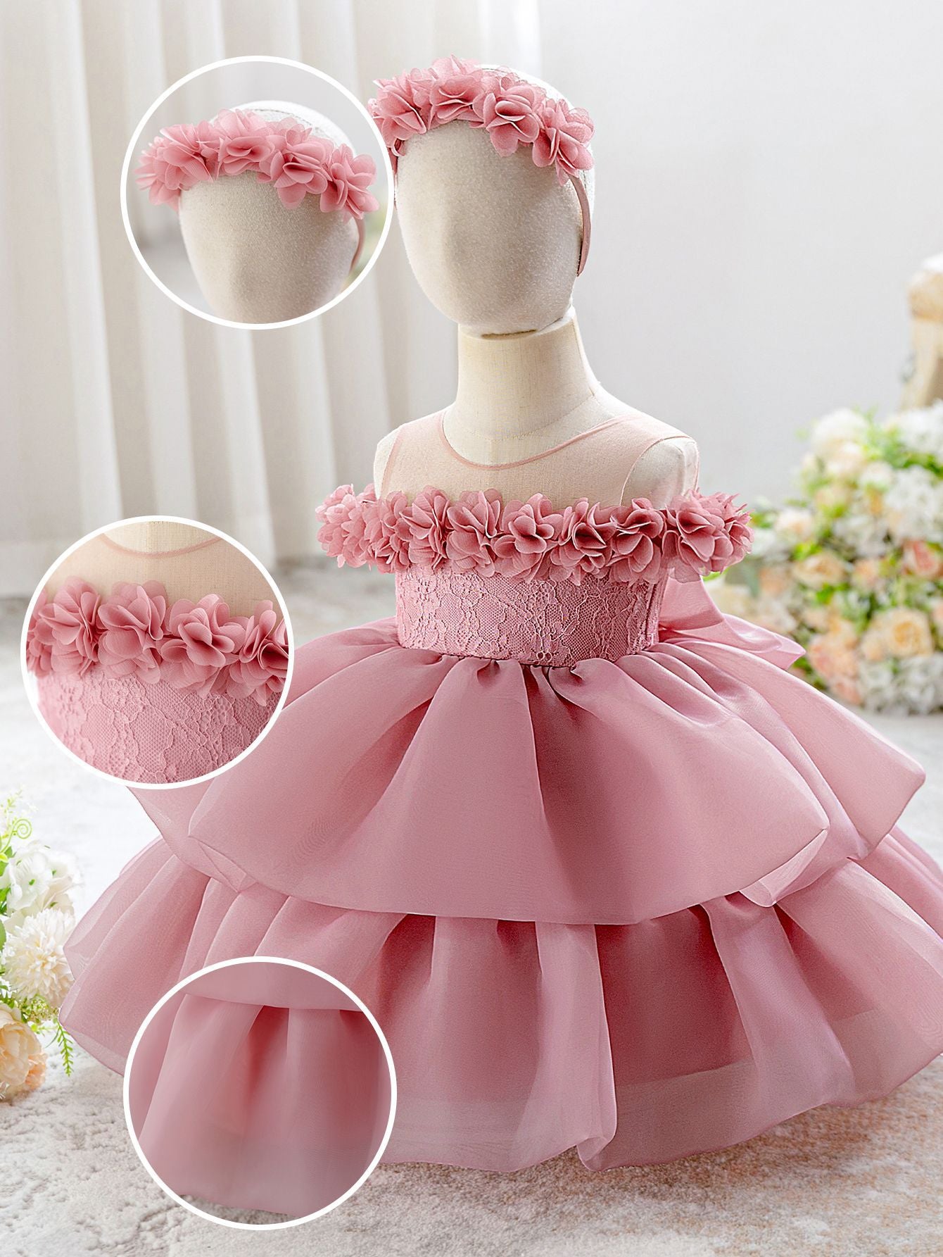 Cute Princess Dress with Floral Shoulders, Layered Chiffon Skirt and Matching Flower Headband (6-12 months) | Adorable Flower Girl Ball Gown