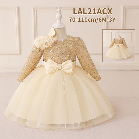 Royal Gold Long-Sleeve Baby Girl Sequin Dress (6-18 months) | Sparkling Gold Showstopper Princess Gown