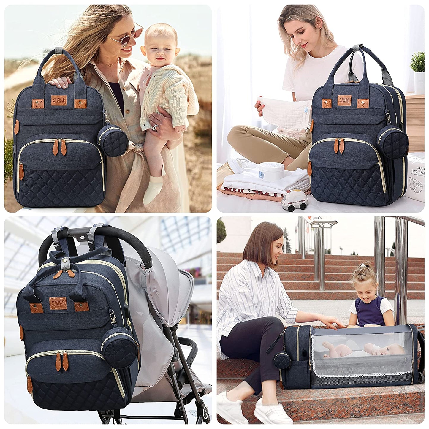 Multifunctional Diaper Bag with Foldable Bed, Changing Mat, Bottle Pockets and USB Charging Port