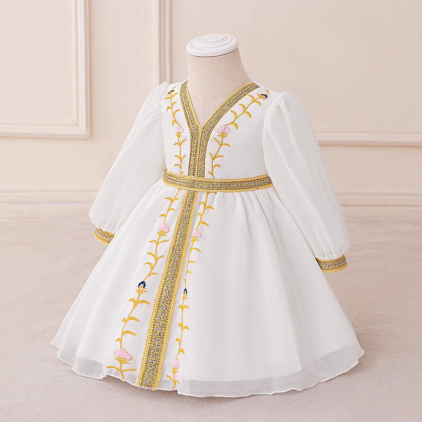 White Chiffon Baby Girl Dress with Gold Embroidery (6-12 months) | Cute Moroccan Style Princess Ball Gown