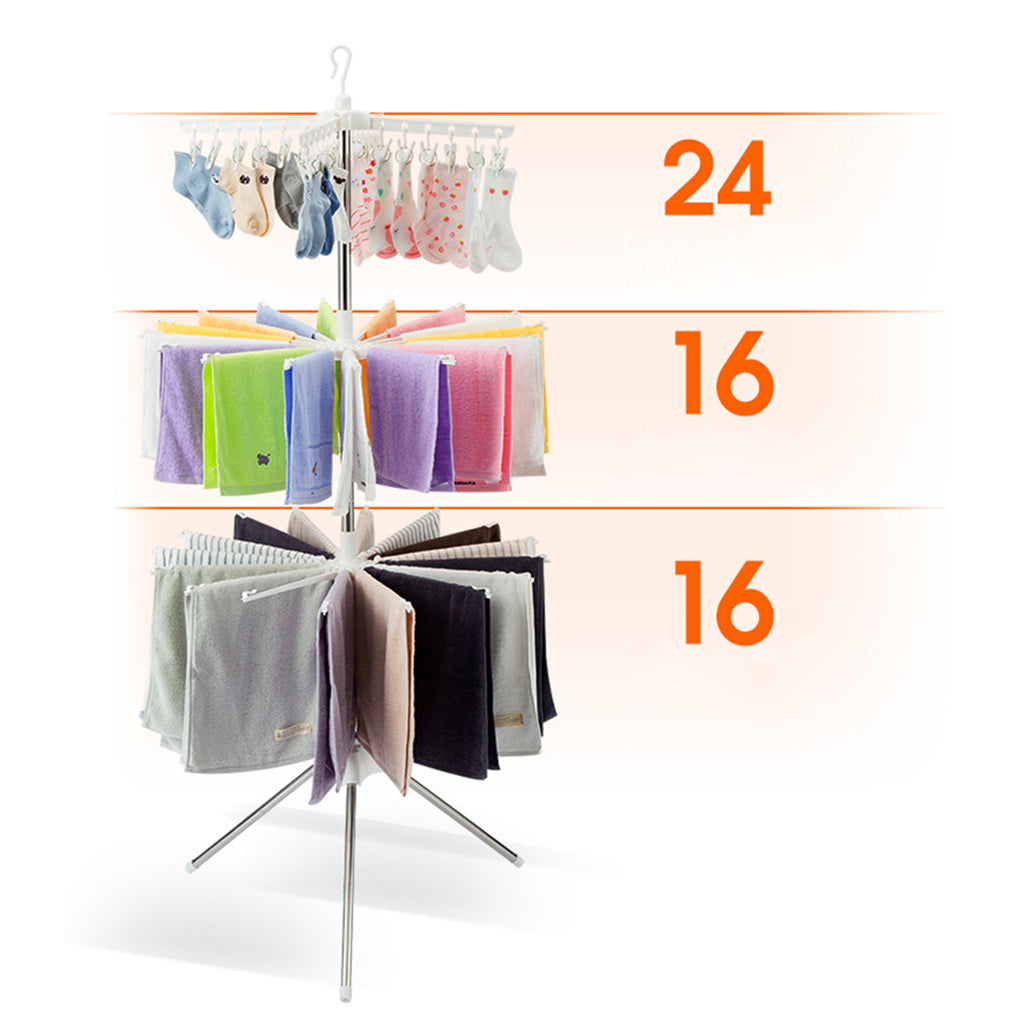 3-Tier Space-Saving Rotating Laundry Dryer Stand with 24 Pegs (170cm high, 10 rotating arms) | Foldable Stainless-Steel Rack for Drying Clothes