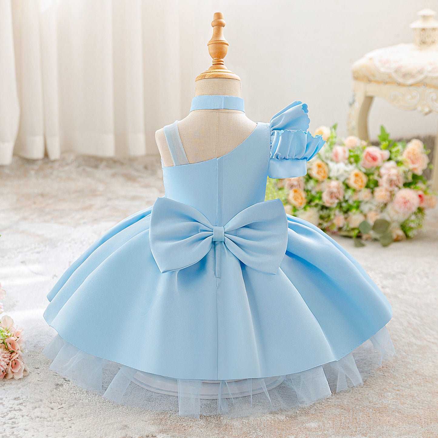 Elegant One-Shoulder Baby Dress with Puffed Off-Shoulder Sleeve and Choker Collar (6-12 months) | Royal Blue Princess Ball Gown