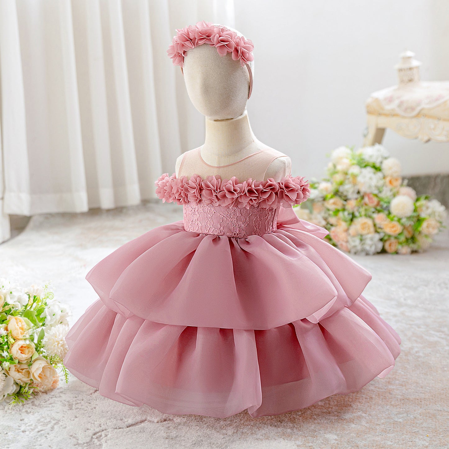 Cute Princess Dress with Floral Shoulders, Layered Chiffon Skirt and Matching Flower Headband (6-12 months) | Adorable Flower Girl Ball Gown