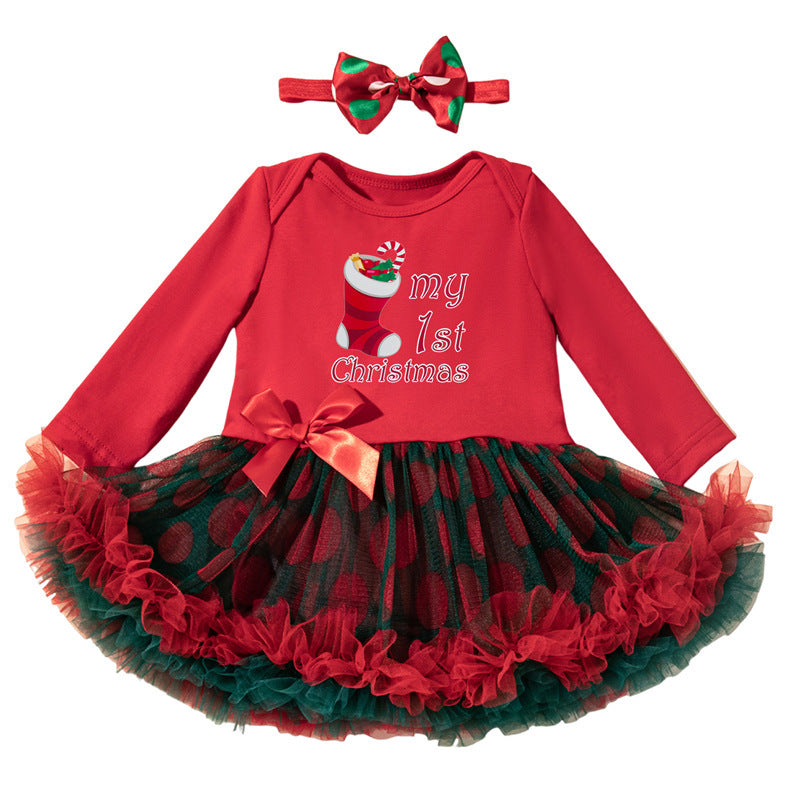 2-Piece "My 1st Christmas" Outfit Set for Girls with Long-Sleeve Romper Dress and Headband