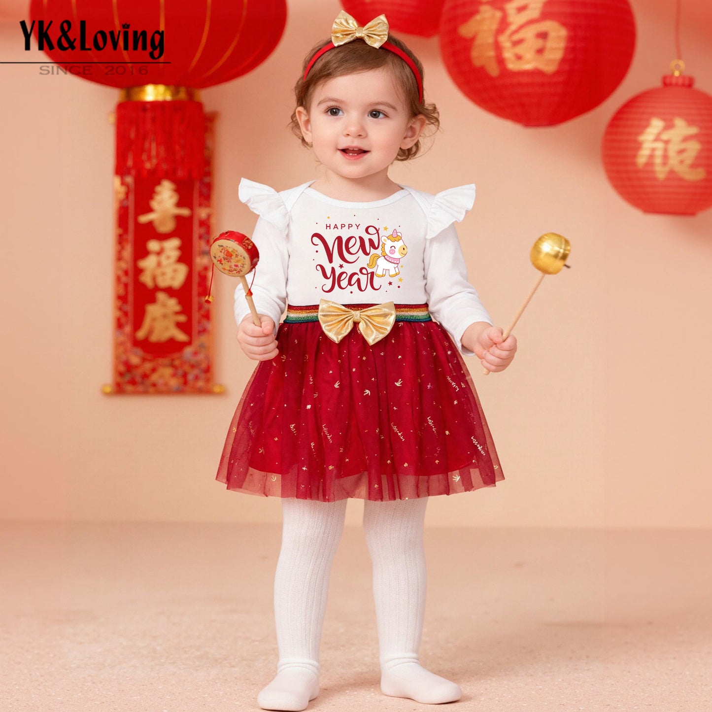 2-Piece "Happy New Year" Outfit Set for Baby Girls with Long-Sleeve Romper Dress and Headband