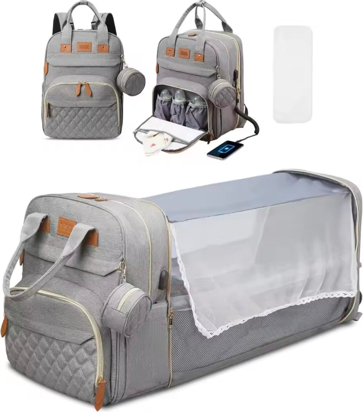 Multifunctional Diaper Bag with Foldable Bed, Changing Mat, Bottle Pockets and USB Charging Port