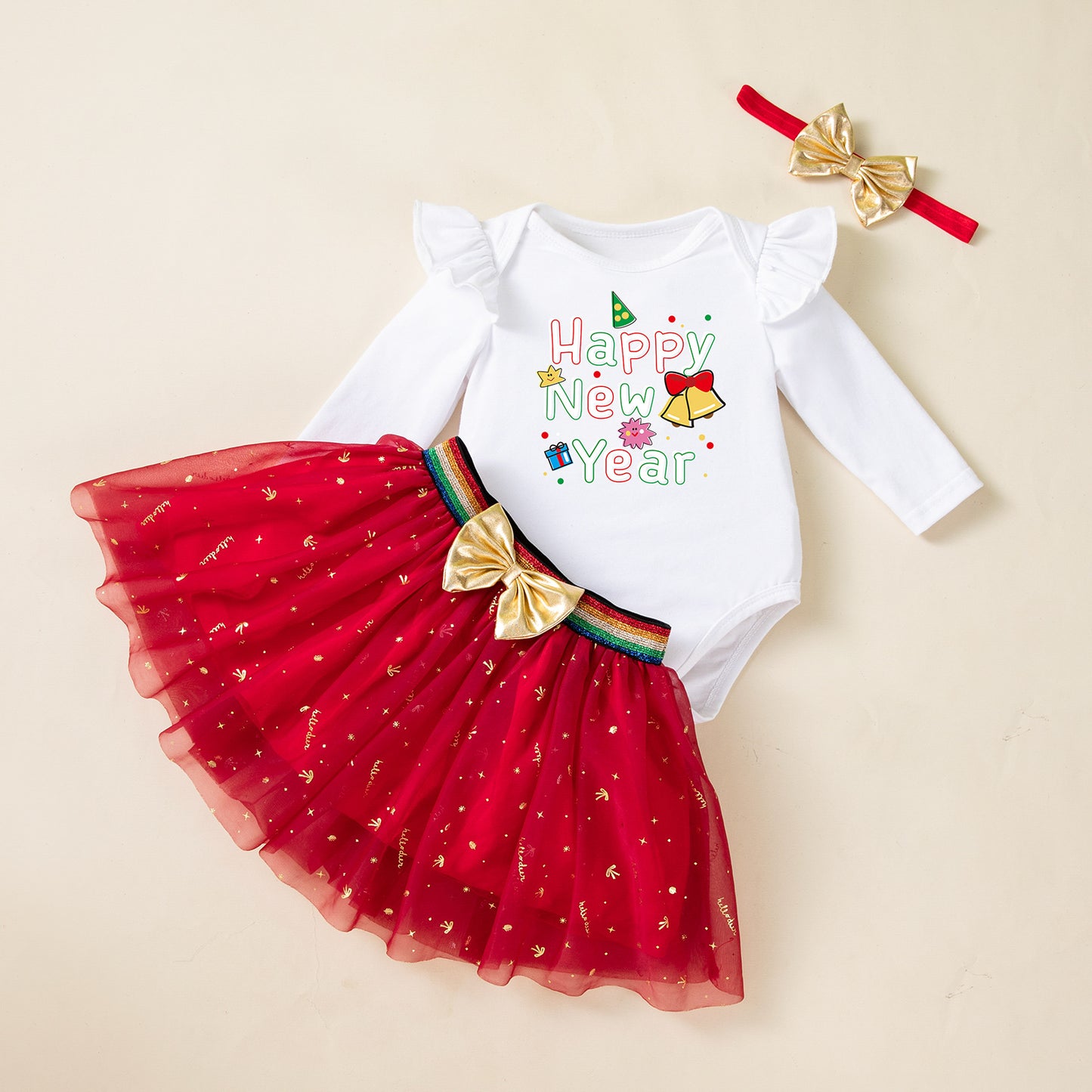 2-Piece "Happy New Year" Outfit Set for Baby Girls with Long-Sleeve Romper Dress and Headband