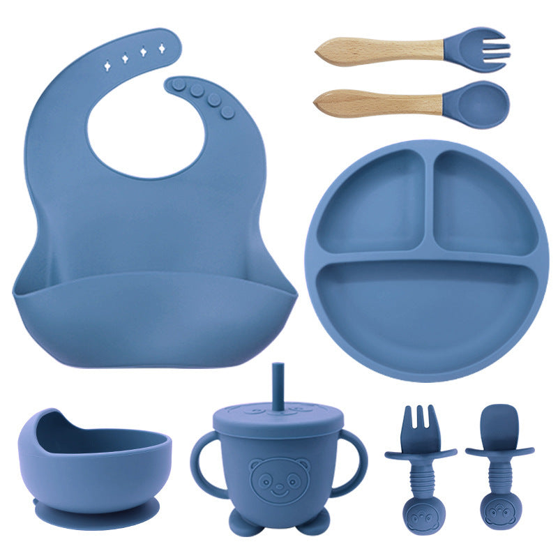 8-Piece Silicone Baby Weaning and Feeding Set with Bib, Plate, Bowl, Sippy Cup, Training Spoons, and Training Forks | Complete Baby Self-Feeding Essentials Set