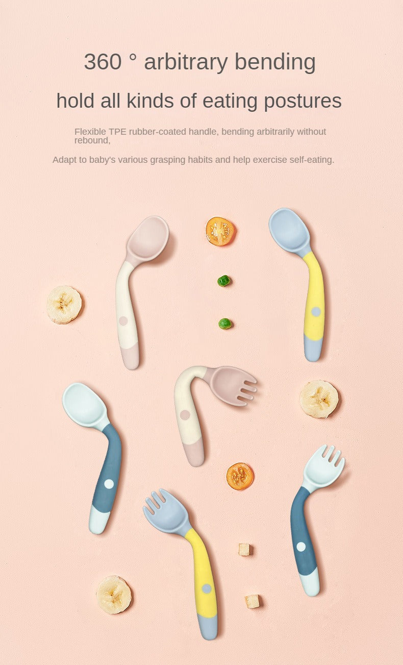 360° Flexible Baby Training Spoon and Fork Set (6 months – 3 years) | Soft Silicone Toddler Weaning Cutlery Set