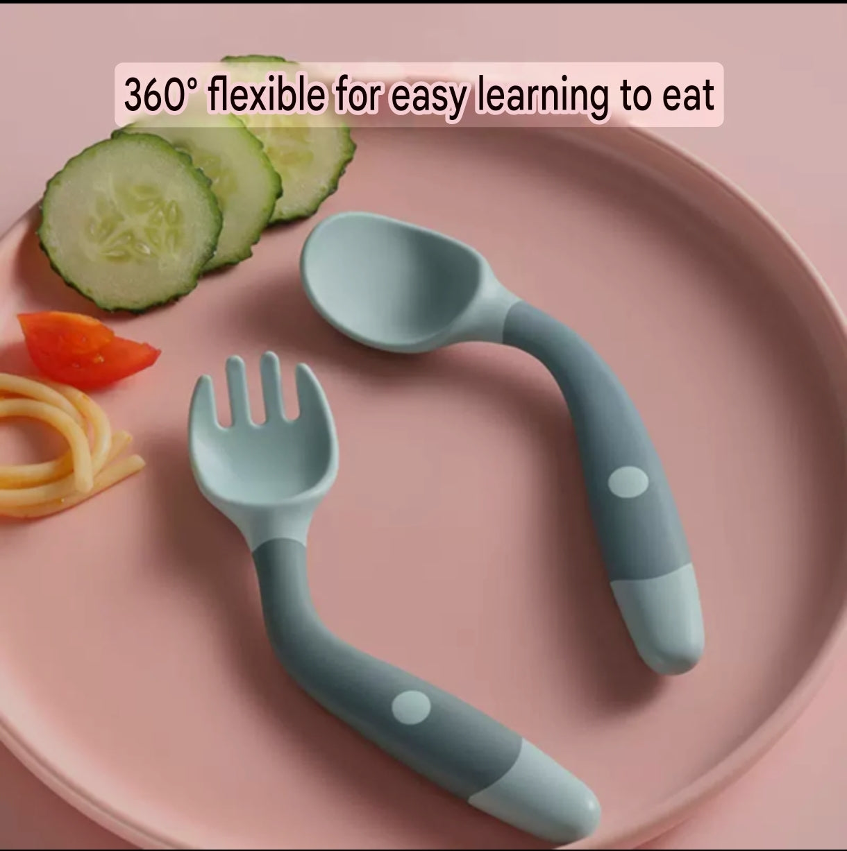 360° Flexible Baby Training Spoon and Fork Set (6 months – 3 years) | Soft Silicone Toddler Weaning Cutlery Set