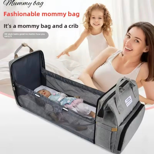 3-in-1 Convertible Diaper Bag Backpack with Crib, Changing Mat and Bottle Pockets | Mummy Bag with Built-in Foldable Bed
