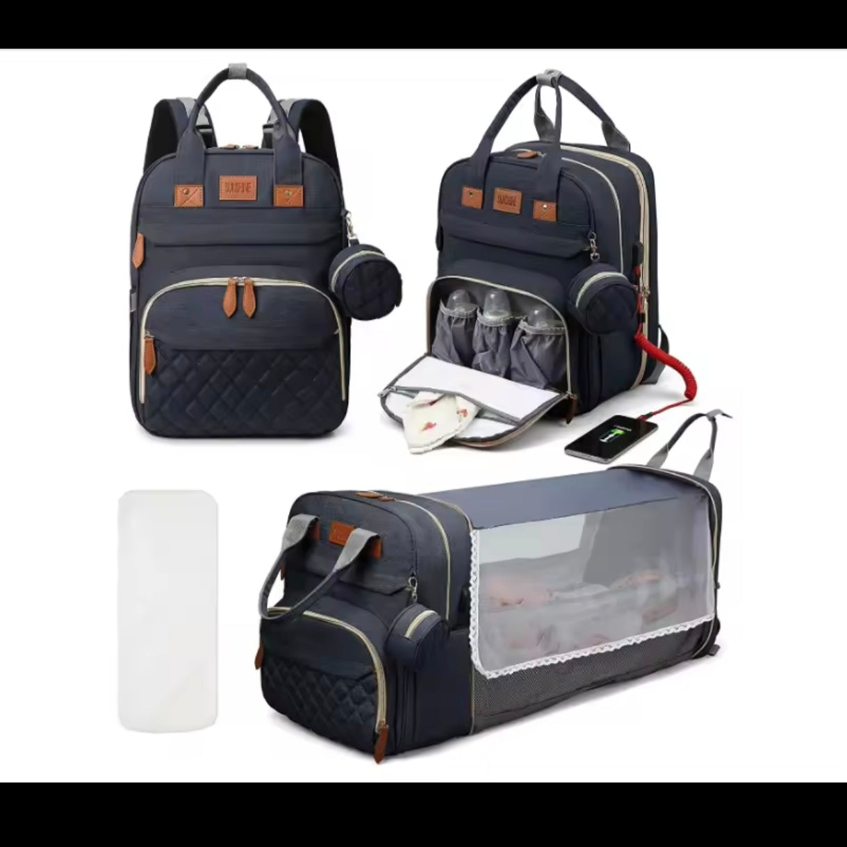 Multifunctional Diaper Bag with Foldable Bed, Changing Mat, Bottle Pockets and USB Charging Port